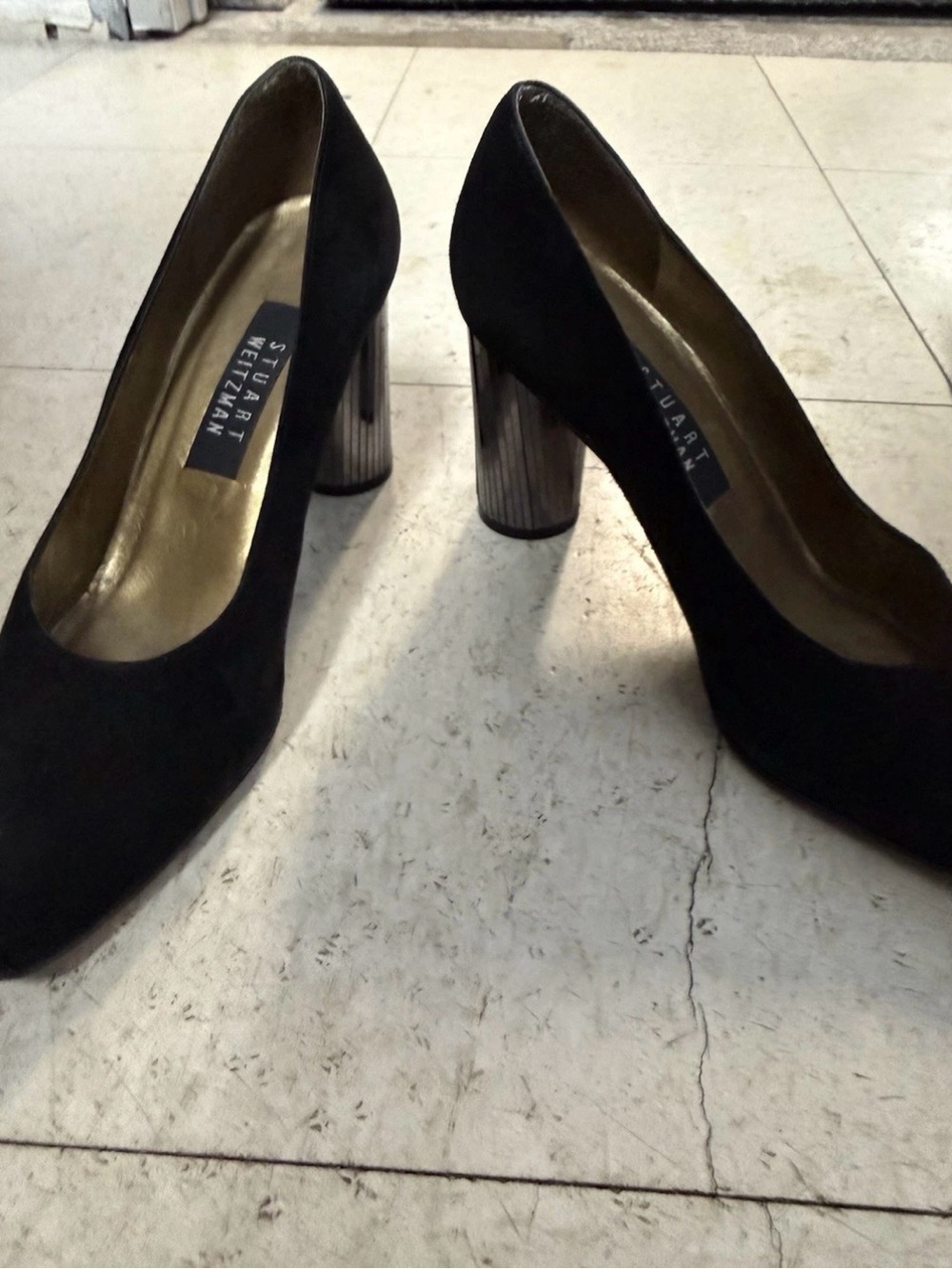 Stuart Weitzman Black Suede “Promise” Round Toe Block Heel Pumps 8.5
